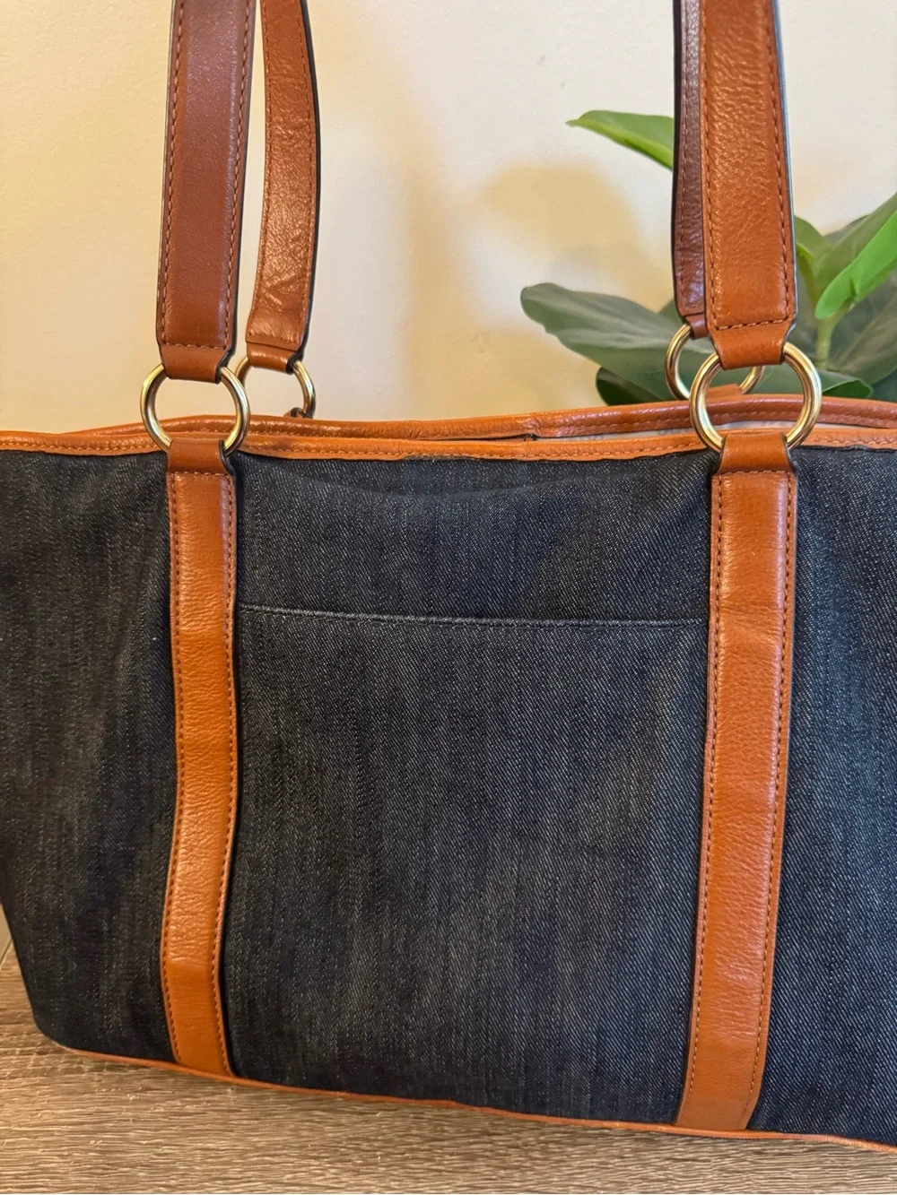 Michael Kors Dark Denim Tote with Brown Leather Trim and MK Charm